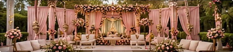 Mehendi setting with blush drapes and floral arrangements
