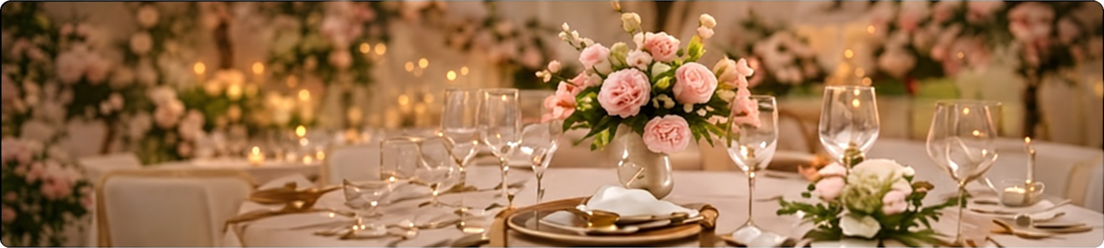 Wedding table with blush roses and glassware
